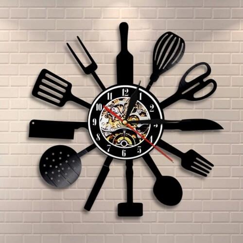 Spoon Fork Knife Kitchen Wall Clock Vintage Kitchen Cutlery Vinyl Record Wall Art Tableware Decorative Clock Foodie Gift Idea