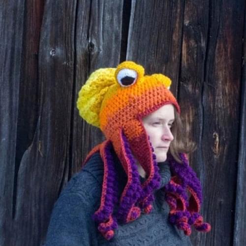 New Year Christmas Halloween Party Funny Tricky Headgear Creative Hand Knitted Octopus Shape Handmade Crochet Woolen Hat