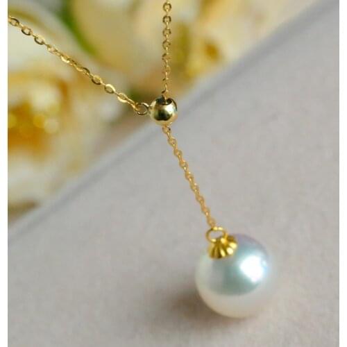 Fine Jewelry natural Akoya seawater pearl pendant fine round, adjustable 18 K gold clavicle necklace