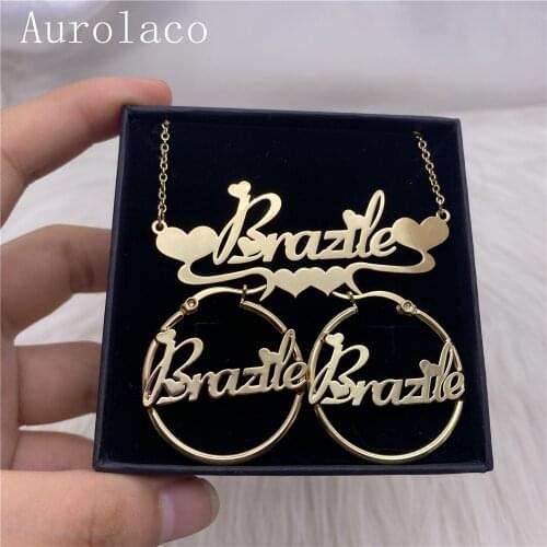 AurolaCo Custom Jewelry Set Custom Necklace with Heart Custom Name Earrings Stainless Steel Necklace for Women Holiday Gift