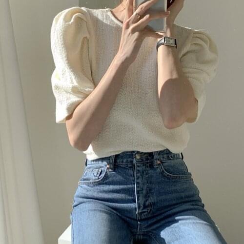 Summer 2020 Korean OL Fashion Puff Sleeve Blouses Tops Women O-neck Solid Vintage Office Casual Basic Ladies Shirts Blusas Femme