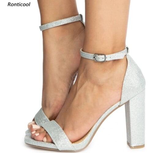 Ronticool New Handmade Women Summer Sandals Glitter Ankle Strap Block Heels Open Toe Gorgeous Silver Evening Shoes US Size 5-15
