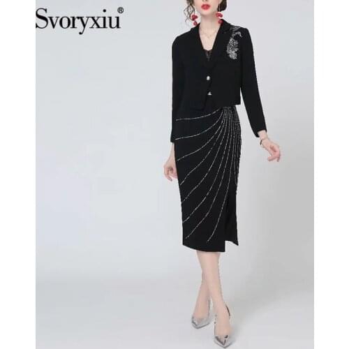 Svoryxiu Runway Designer Autumn Black Skirt Suit Womens Long Sleeve Embroidery Applique Blazer + Split Skirt Two Piece Set
