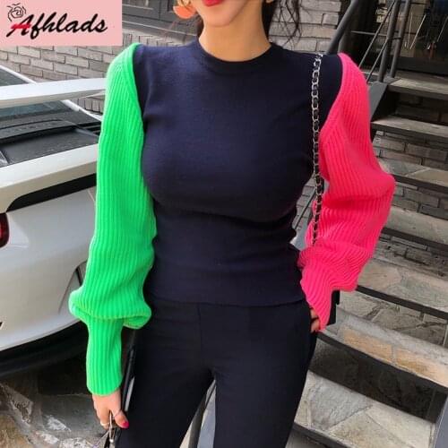 Korean Vintage Women Sweater Top Patchwork Color Lantern Sleeve Pullover 2019 Autumn And Winter Causal Women Knitted Tops