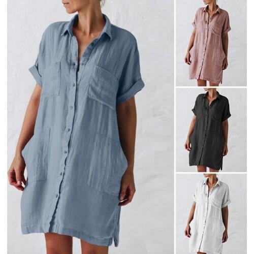 2021 New Fashion Loose Women Short Sleeve Buttons V-neck Irregular Pocket Shirt Type Dress Streetwear Women Clothes 5XL