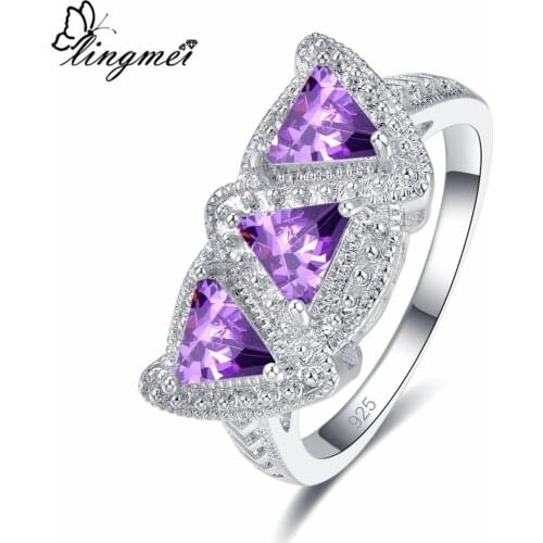 Lingmei Charming Dazzling Women Fashion Triangle Cut Purple & Pink & White Zircon Silver Color Ring Size 6-9 Gorgeous Wedding