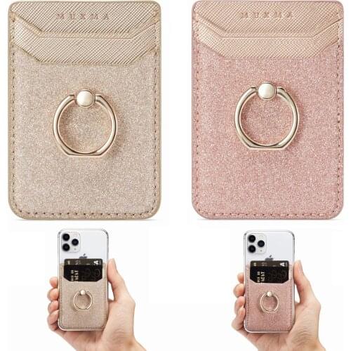 2 Packs for iPhone Ring with Card Holder Stick Case for Samsung for Huawei PU Leather Glitter Back Body Stand Holder Universal