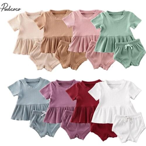2020 Summer 0-24M Toddler Baby Girl Clothes Solid Short Sleeve Tops Dress Short Pants Knitted 2pcs Outfits Cotton Solid Baby Set