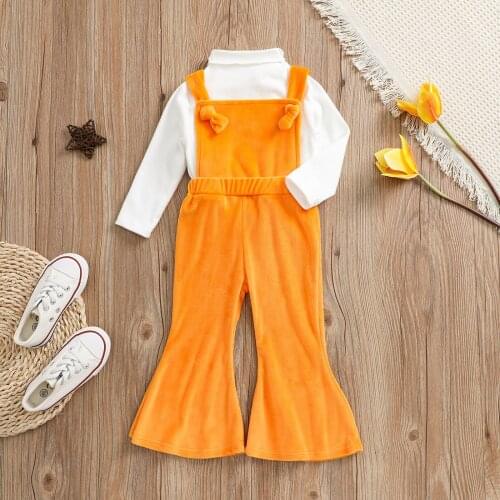 Toddler Baby Girls 2pcs Velvet Suit Autumn Clothes Solid Long Sleeve Pullover+ Suspender Trousers Flare Pants Infant Outwear