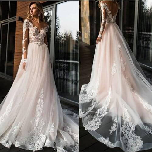 Free Shipping White Ivory Tulle Wedding Dresses Open Back A Line Bride Wedding Gowns Long Sleeves Lace Applique Bridal Dresses