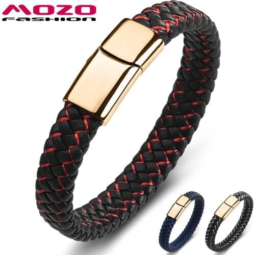 Fashion New Male and Female Black Leather Stainless Steel Bracelets & Bangles Unisex Punk Red Charm Jewelry Gift