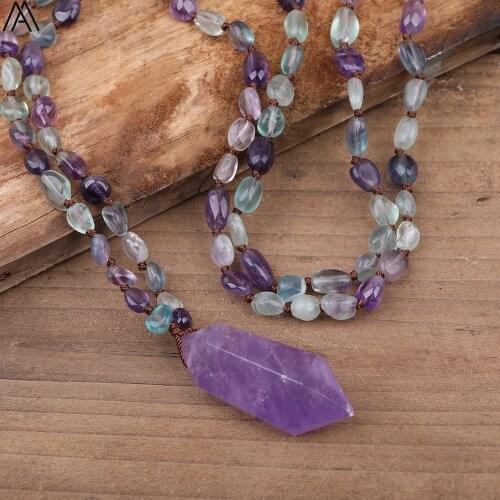 Natural Rainbow Fluorite Stone Beads Mala Necklace Double Point Amethysts Quartz Knot Handmade Necklace Healing Jewelry