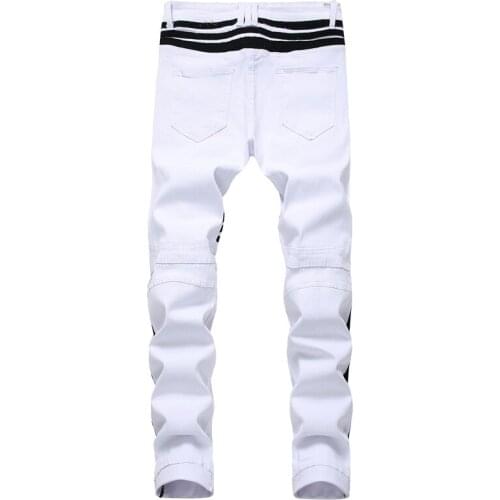 Men Hip-hop Stripe design Patchwork Ripped Stretch Slim Jeans Streetwear Cotton Male Casual Joggers Denim trousers Plus Size 42