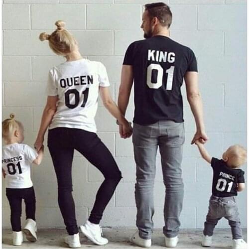 King Queen Prince Princess Father Mother Girls Boys Family Matching Short Sleeve T-shirt Outfits Look Black White T shirts