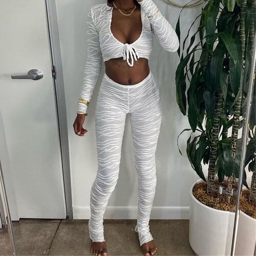 XLLAIS White Cute Matching Sets Long Sleeve Tank Tops And High Wasit Pants Sexy V Neck Women Two Piece Outfits