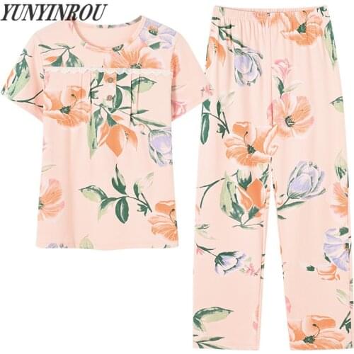 Summer 100% Cotton Floral Print Womens Pajama Sets Elegant Nightwear Women Full-Length Pants Plus Size 4XL Sleepwear Lounge