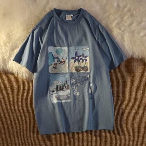 Summer new haze blue print Harajuku style loose short-sleeved T-shirt women