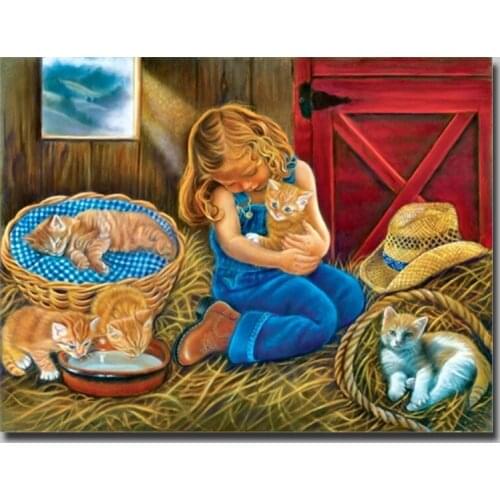 Little girl and cat,3D Round Diamond Painting Square Cross Stitch Mosaic Diamond Embroidery Home Decoration Not folding canvas