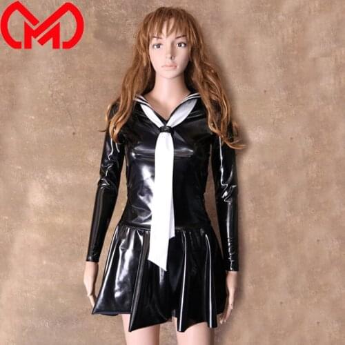 MEISE Faux Leather PVC Pleated Dress Cosplay Youth Student Sexy Japanese Uniform Tie Maid Sailor Nightclub Erotic Mini
