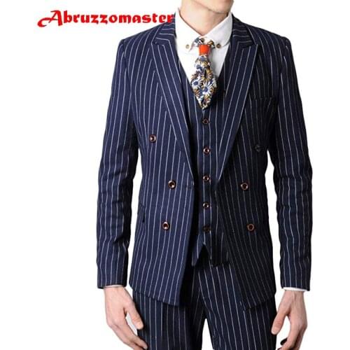 Abruzzomaster Blue Striped Man Suit Striped Fabrics jacket for Wedding Suits Custom Made Business Suit 3 Pieces Groom Tuxedos