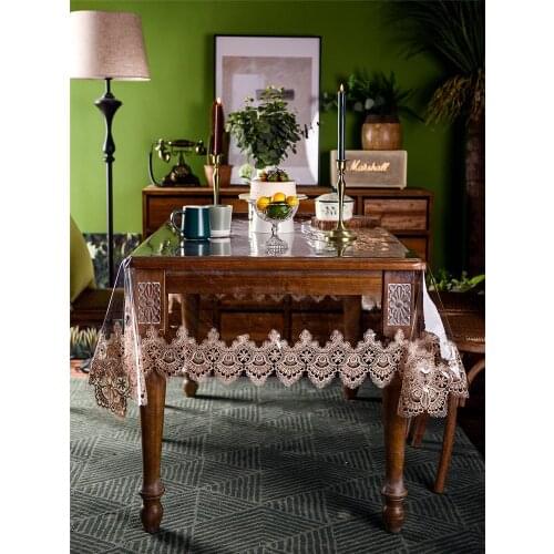 TPU Soft Tablecloth Waterproof Plastic Kitchen Transparent Rectangular Party Events Lace Dining Tea Table Cover Stain Resistant