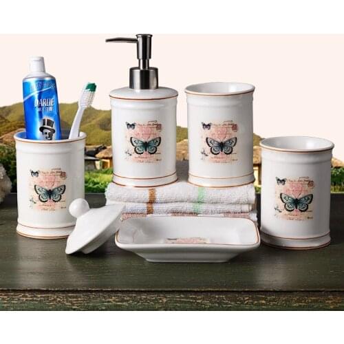 Bathroom Accessories Set Ceramic Soap Dispenser Toothbrush Holder Gargle Cup 5 Pieces Set Wedding Gifts Butterfly Pattern