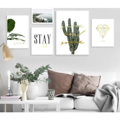 Nordic Style Canvas Print Wall Art Pictures Of Seascape Cactus And Tropical Leaves,Unframed Geometric Diamonds Painting Posters