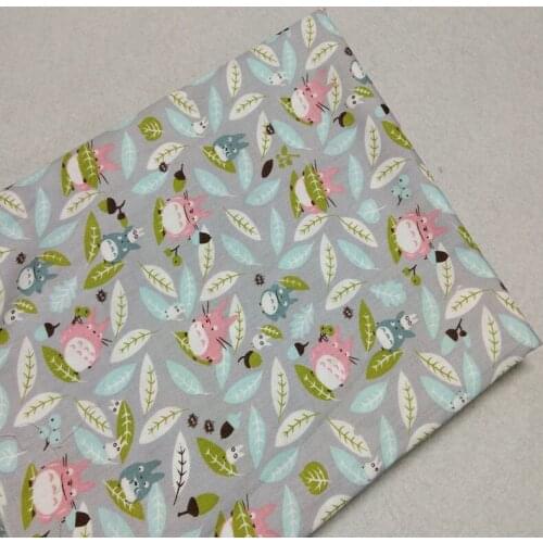 Adorable 50x160cm Grey Chinchilla Totoro & Leafs Printed 100% Cotton Fabric For DIY Sewing Clothing Bedding Quilting
