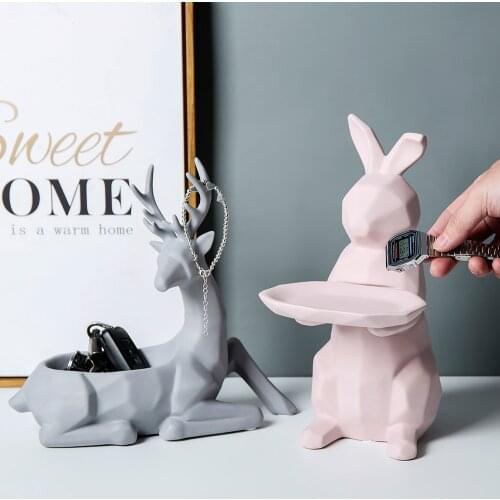 One Piece Statue Nordic Ceramic Animal Storage Deer Rabbit Living Room Home Decoration Geometric Sundries Storage Basket Gift