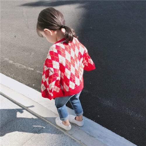 2019 Autumn Winter Korean Baby Girls Sweaters Coats Baby Plaid Jackets Fashion Long Sleeve Toddler Knitting Coats Girls Jackets