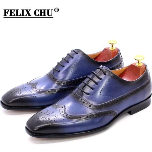 Size 47 Size 13 Mens Dress Oxford Shoes Genuine Leather Blue Handmade Lace Up Wingtip Toe Brogue Wedding Formal Shoes for Men