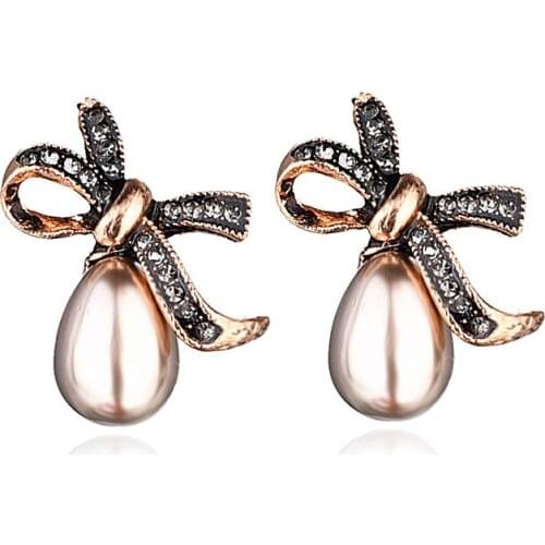 LUBOV Imitation Pearl Antique Gold Metal Bowknot Stud Earrings Women Vintage Statment Piercing Earrings Gift for Girlfriend