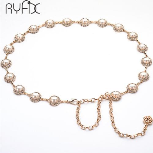 Women Gold Imitation Pearl Waist Chain Western Fashion Crystal Inlaid Metal Tassels Belt With Summer Accessories BL250