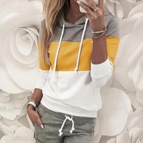 Female Fashion Tops 2021 Autumn Winter New Trendy Womens Warm Color Block Stitching Long-sleeved Casual All-match Hoodies