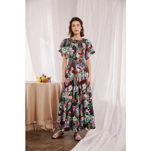 New 2021 Summer Runway Elegant Long Dress Women Short Flare Sleeves Flowers Print Vintage Fashion Dresses