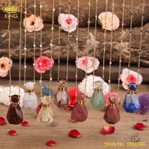 Natural Green Fluorite Lapis Rhodonite Stone Perfume Oil Bottle Pendant Faceted Stone Beaded Chains Necklace For Women