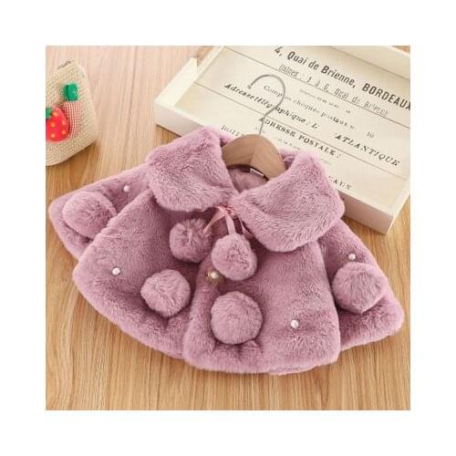Toddler Winter Warm Clothes Solid-Color Wide Lapel Long Batwing Sleeve Fur Coat with Pompon Pearl Decoration Little Girl 0-4 Y