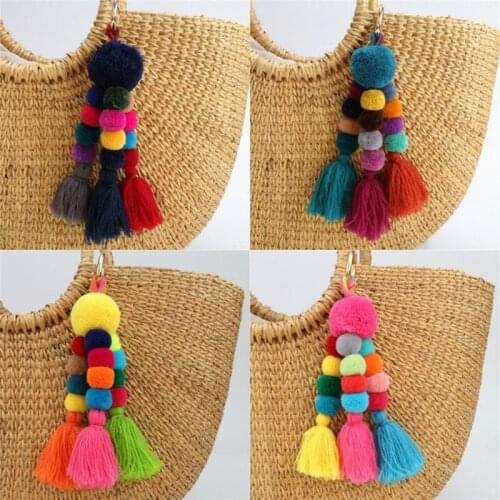 1pcs Bohemian Accessories Handmade Keychain Beads Chain Pompom Hand Bag Hanging Key Chains For New Year Gift