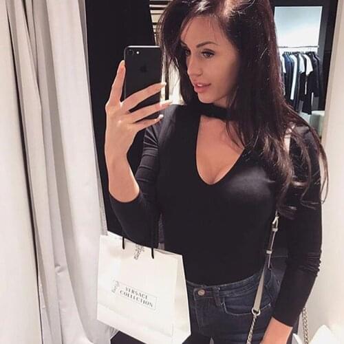 2021 Sexy Womens Long Sleeve Bodysuit Choker Romper Deep V Neck Bodycon Body Suit One Piece Fitness Overalls For Women