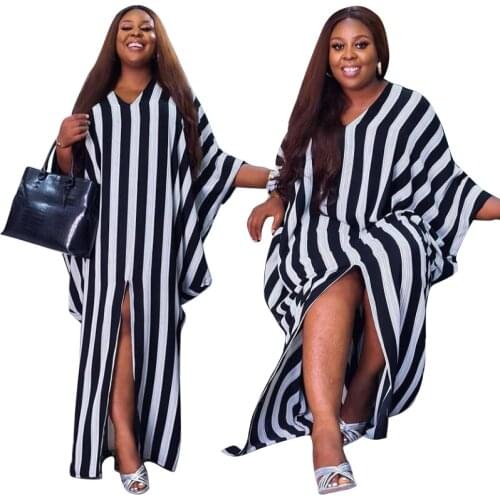 African Dresses For Women 2021 New Fashion Autumn Long-Sleeved Loose Striped Irregular Dress Sexy Lady Muslim Abaya Black Dress