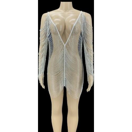 Shining Rhinestone Chains Short Dress Women Birthday Celebrate Party Dress Club Dance Costume Hollow Outfit Singer Dancer Wear