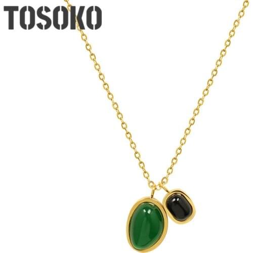 TOSOKO Stainless Steel Jewelry Green Stone Black Stone Irregular Pendant Necklace Fashion Asymmetric Chain BSP1041