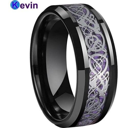 8mm Tungsten Ring Men Women Wedding Band With Purple Carbon Fiber And Dragon Inlay Comfort Fit