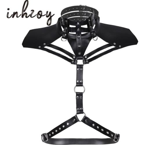 Black Faux Leather Men Harness Belt Metal O-Ring Halter Chest Straps Crop Top Punk Gothic Rave Sexy Clubwear Gay Costume Bondage