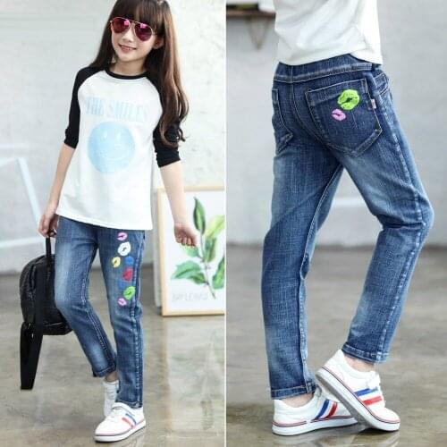 2019 children clothes spring autumn stretch cotton jeans girls Fashion color lip print leisure long denim trousers