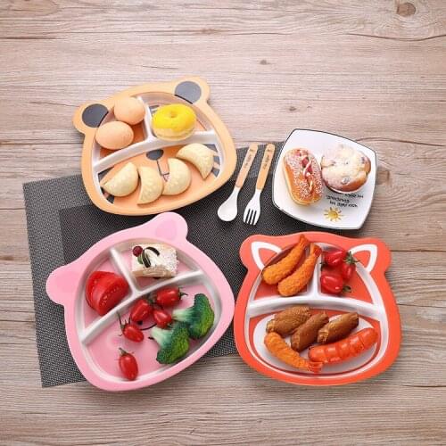 Cartoon Bamboo Fiber Children Dinner Plate Baby Sub-Grid Complementary Food Bowl Animal Shape Fork Spoon Tableware 접시