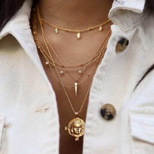 HuaTang Vintage Portrait Coin Pendant Necklaces For Women Multilayer Gold Leaves Crystal Choker Female Party Jewelry Gift