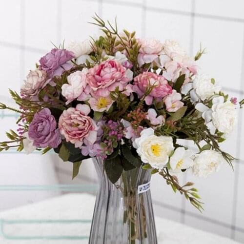 6 Head Artificial Purple Rose Flower Bulk European Vintage Small Fake Peony Bouquet Wedding Home Party Interior Decoration