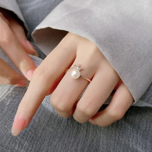 Real 925 Sterling Silver Zircon Pearl Crown Adjustable Ring For Fashion Women Wedding Fine Jewelry Cute Accessories Gift