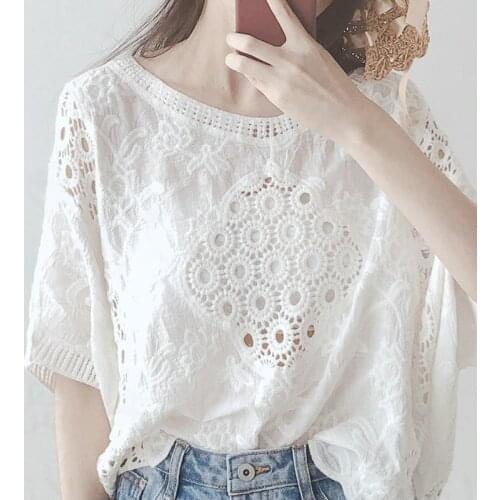 Lace Hollow Women White Blouse Summer New 2021 O-Neck Batwing Sleeved Solid Elegant Female Pulls Outwear Tops Tees